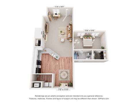 a stylized floor plan with a bedroom and a living room